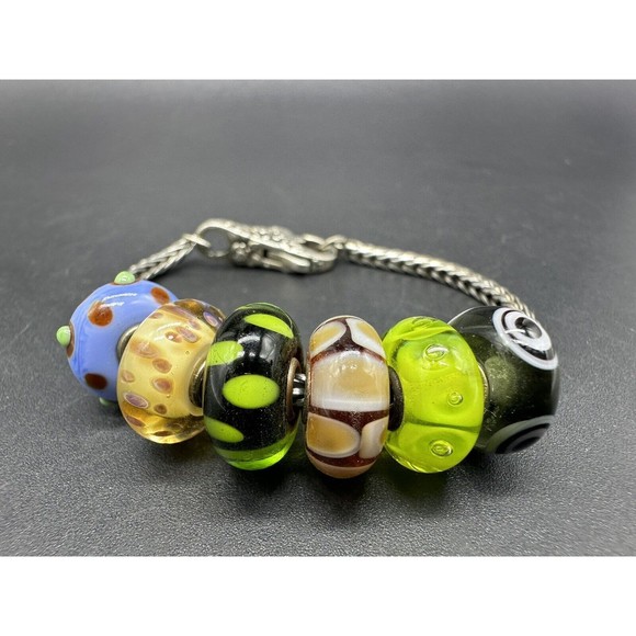 Trollbeads LAA Sterling Silver Charm Bracelet 6 Glass Lampwork Beads 6 Inch - Picture 8 of 12